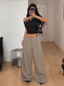 SHEIN Tall CURVE 大尺碼女款秋季商務休閒優雅早午餐正式辦公極簡對比色蕾絲卡其色長褲 - 卡其色 - 查看 7
