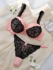 DelicateAllure 2pcs Pink Underwire Molded Cup High Support Lace Patchwork Sheer Romantic Elegant Plus Size Lingerie Set - Pink - View 6