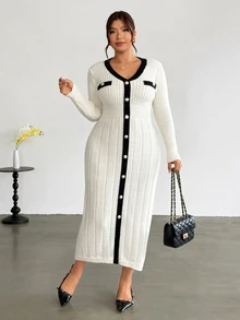 Firerie Plus Size Contrast Color Button-Down Cinched Waist V-Neck Long Sleeve Knit Dress - Apricot - View 4