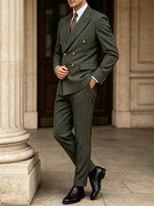 Manfinity Mode Men's Business Commute Striped Double-Breasted Blazer & Trousers Suit Set - Army Green - View 3