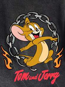 TOM & JERRY X SHEIN SHEIN EZwear 大尺碼休閒卡通印花圓領T恤，適合外出與返校季 - 黑色 - 查看 9