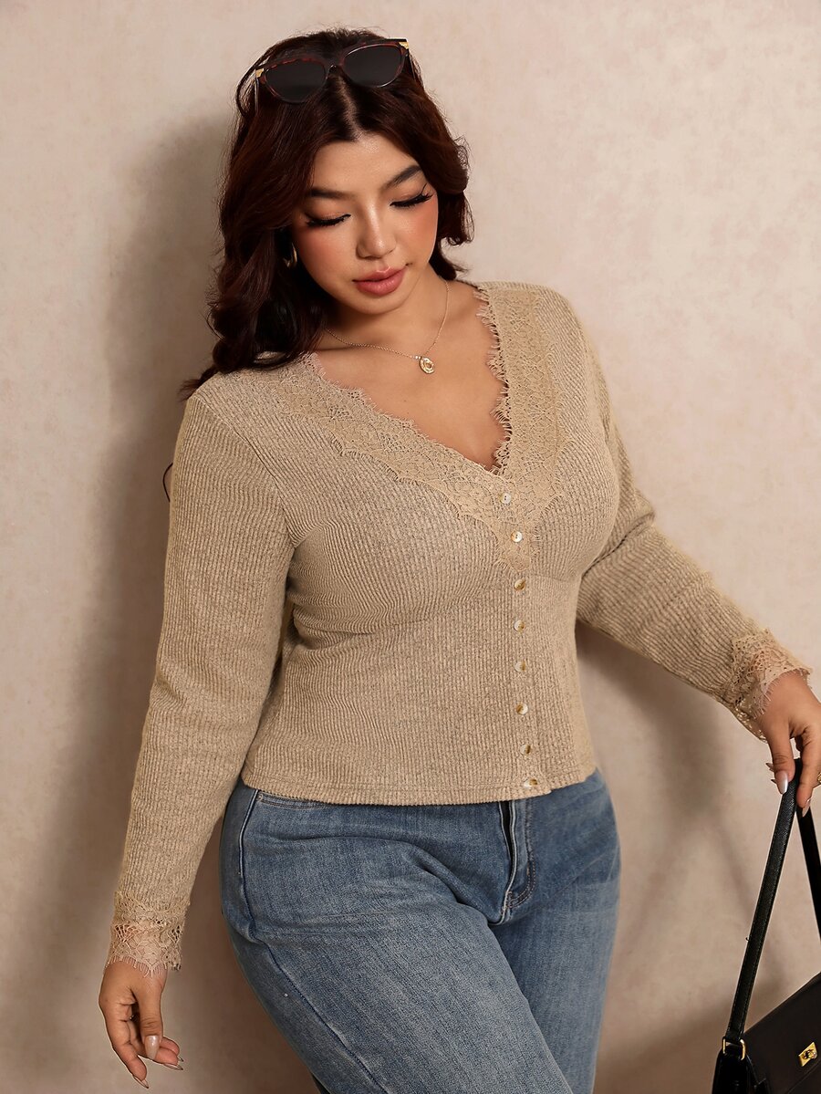 Elaquor Plus Size Autumn Casual Solid Color Front Button T-Shirt Fall - Brown - View 1