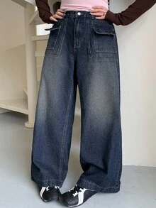 Dazy Plus Vintage Washed Denim Straight Leg Long Jeans, Versatile Casual Streetwear For Girls, Spring/Autumn New Style - Dark Wash - View 4