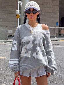 Muchica Suéter de mujer con patrón de números y patchwork de bloques de color gris claro - Gris Claro - Ver 5