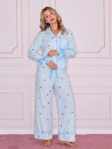 SweetSlumber Women's Striped Heart Print Lapel Front Button Bow Tie Long Sleeve Pajama Set - Multicolor - View 6