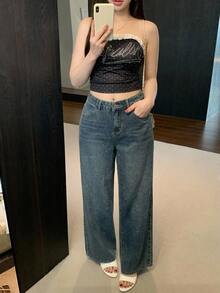Dazy Plus Shiny Rhinestone Vintage Straight Leg Casual Pants Street Outdoor Loose Spring Autumn New Denim Jeans - Medium Wash - View 6