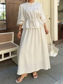 Dazy Plus Plus Size Elegant Cinched Waist Blouse With Flared Sleeves And Skirt, Playful Commuter 2 Pieces Set For Spring And Autumn - Apricot - View 8