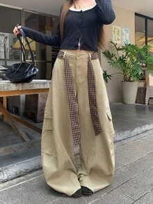 DAZY Celana Jeans Denim Kasual Kotak-kotak Wanita dengan Saku untuk Musim Gugur - Khaki - View 5