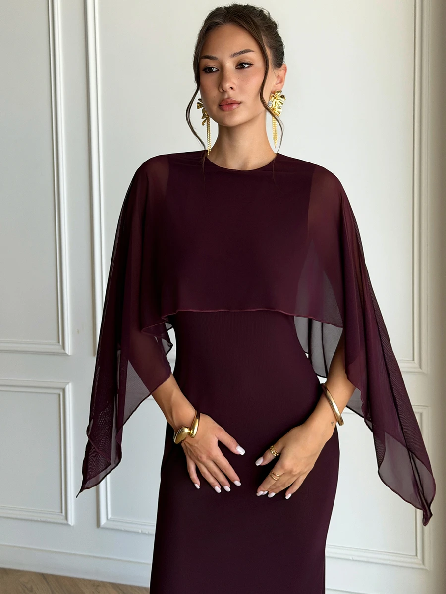 Aloruh Gaun Bodycon Ekor Duyung Jala dengan Syal untuk Wanita - Purple - View 1
