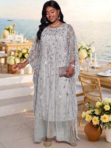 Fleurora Plus Size Women's Floral Embroidered Mesh Batwing Sleeve Elegant Dress - Silver - View 3