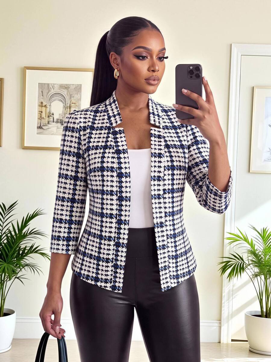 SHEIN Lady CURVE Plus Size Fashion Commuter Houndstooth Blazer - Multicolor - View 1