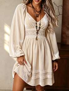 LanaWest Women's Sweetheart Neck Lantern Sleeve Contrast Lace Fashion Short Dress - Apricot - View 3