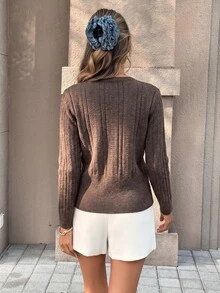 SHEIN Franclia French Henley Neck Vertical Rib Fitted Knit Cardigan, 1/14NM Baihua Fleece Soft Slim Cropped Sweater - Coffee Brown - View 3