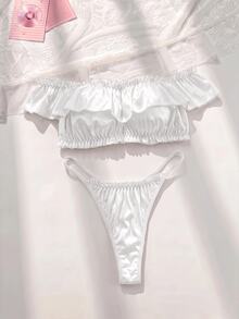 FairyFlirt 2pcs White Ruffle Off Shoulder Satin Kawaii Cute Coquette Babydoll Lolita Sweet Lingerie Set For Women - White - View 1