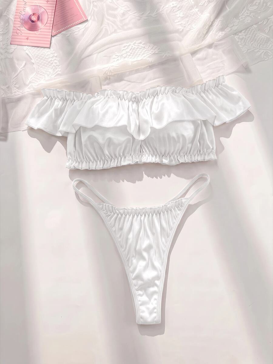 FairyFlirt 2pcs White Ruffle Off Shoulder Satin Kawaii Cute Coquette Babydoll Lolita Sweet Lingerie Set For Women - White - View 1