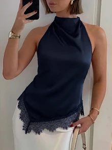 Firerie 女款性感露背荷葉領蕾絲拼接上衣，優雅適合派對、通勤與度假，優雅蕾絲飾邊露背上衣，性感緞面拼接無袖上衣，適用於派對、雞尾酒會、正式場合、商務休閒及其他場合，日常通勤女款上衣 - 藏蓝色 - 查看 1