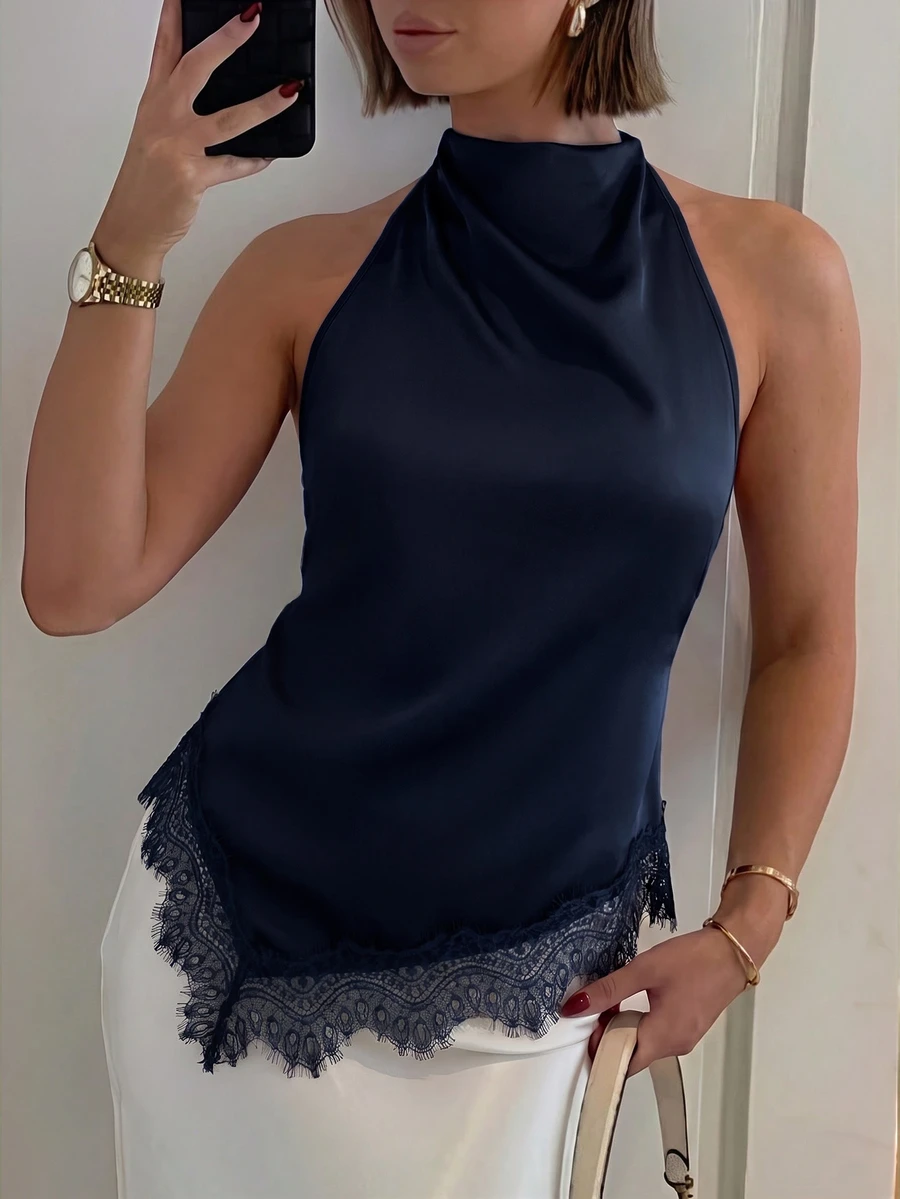 Firerie 女款性感露背荷葉領蕾絲拼接上衣,優雅適合派對、通勤與度假,優雅蕾絲飾邊露背上衣,性感緞面拼接無袖上衣,適用於派對、雞尾酒會、正式場合、商務休閒及其他場合,日常通勤女款上衣 - 藏蓝色 - 查看 1