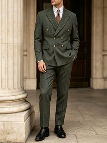 Manfinity Mode Men's Business Commute Striped Double-Breasted Blazer & Trousers Suit Set - Army Green - View 4