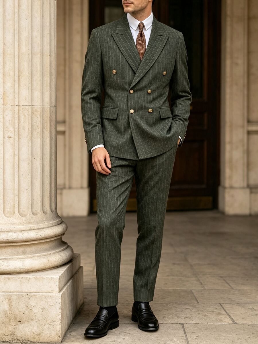 Manfinity Mode Men's Business Commute Striped Double-Breasted Blazer & Trousers Suit Set - Army Green - View 1