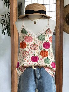 Mellowie 秋冬新款大尺碼女款復古田園風南瓜插圖印花休閒百搭日常細肩帶上衣，適合教師節、萬聖節、感恩節 - 彩色 - 查看 4