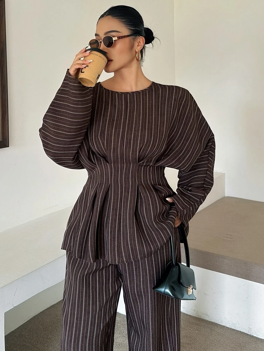 Dazy Plus Autumn Loose Business Casual Ruffle Waist Office Wear Shirt And Suit Pants 2 Pieces Set Elegant - Brown - View 1