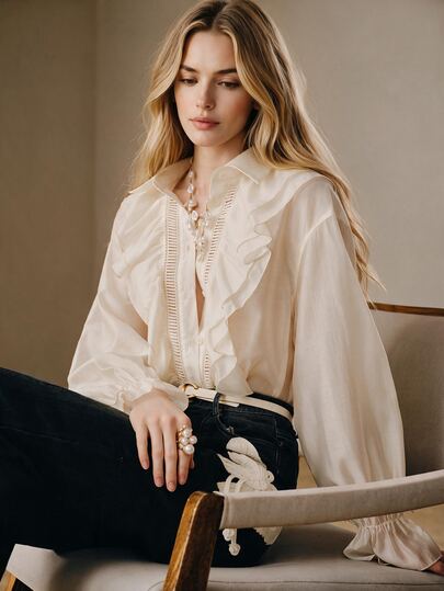Anewsta Blusa elegante para mujer con volantes y ribete de encaje con adornos pesados