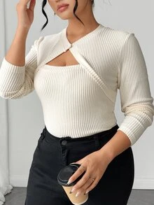 Elenzga Kaos Wanita Ukuran Besar Warna Polos dengan Desain Potongan Lengan Panjang Bergaris Slim Fit untuk Musim Gugur - Aprikot - View 6