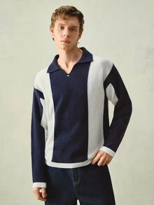 RONVEXI 男士休閒拼接撞色毛衣，秋冬款 - 彩色 - 查看 4