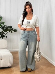 SHEIN EZwear Plus Size Women's Cable Knit Open Front Short Sleeve Cropped Cardigan - White - View 3