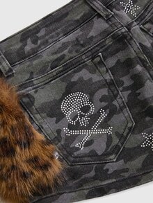 ROMWE J-Fashion Y2K辣妹風國旗星星水鑽迷彩拼接豹紋毛絨低腰牛仔短褲 - 軍綠色 - 查看 5