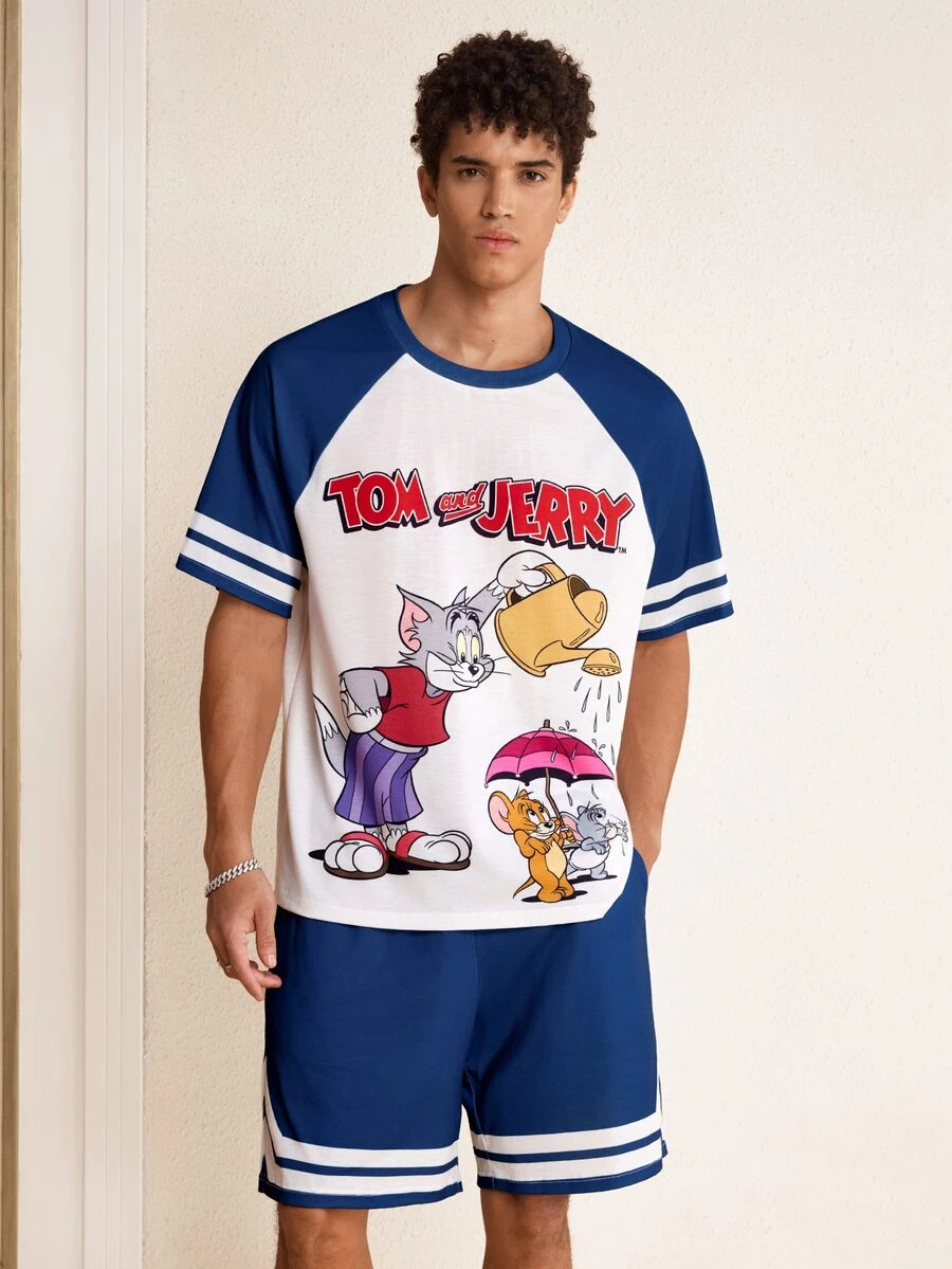 TOM & JERRY X SHEIN Men's Colorblock Patchwork Cartoon Print T-Shirt And Shorts Set - Blue and White - View 1