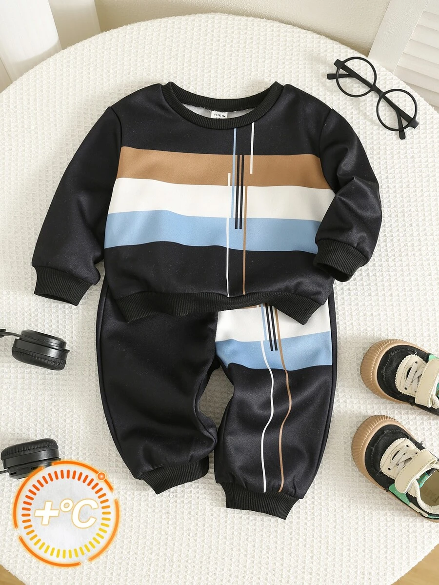 SHEIN Baby Boy Striped Pattern Knitted Soft Hooded Long Sleeve Pullover Sweatshirt And Elastic Waist Long Pants 2-Piece Set - Multicolor - View 1