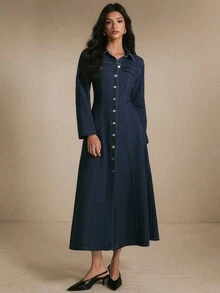 Poéselle Women's Collared Button Front Denim Midi Dress With Flap Chest Pockets, Fitted A-Line, Elegant - Dark Wash - View 3