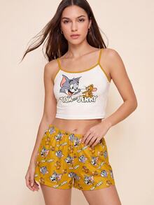 TOM & JERRY X SHEIN 女款字母印花細肩帶上衣與短褲睡衣套裝 - 棕色 - 查看 4