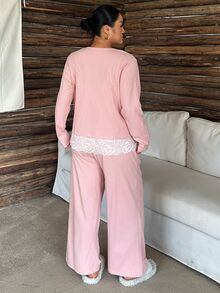 Dazy Plus 3-Piece Set Long Sleeve Cardigan, Lace Patchwork Camisole, Loose Straight Leg Long Pajama Pants Sleepwear Set Fall - Pink - View 2