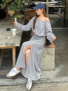 DAZY Women's Asymmetric Shoulder Casual Solid Color Long Sleeve Sweatshirt And Skirt 2 Pieces Set, Korean Style Fall - Grey - View 4