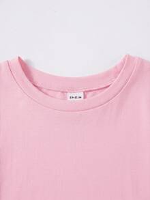 SHEIN 青少年女孩皇家藍純色針織短袖T恤與抽繩長褲套裝 - 粉色 - 查看 6
