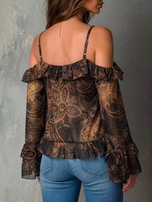 Solivie Women's Elegant Vacation Blouse With Cashew Pattern, Ruffle Trim, Off-Shoulder And Flared Sleeves - Rust Brown - View 2