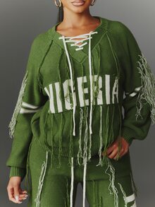 NYA SZN Sweater Lengan Panjang Bergaris Rumbai "Nigeria" Gym Perjalanan Athleisure Nyaman Olahraga Chic Kasual Festival Lucu Liburan Longgar Hijau Musim Gugur Musim Dingin - Hijau - View 7