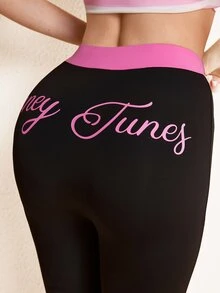 LOONEY TUNES X SHEIN Legging Wanita Panjang 3/4 dengan Motif Huruf - Hitam - View 6