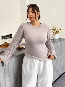 Firerie Sweater Pullover Wanita Ukuran Besar Warna Polos Kerah Bulat Lengan Panjang dengan Hem Asimetris untuk Musim Dingin - Grey - View 4
