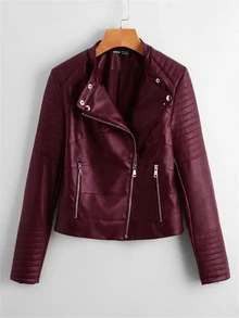 Comfortcana Jaket Motor Kulit PU Wanita Lengan Panjang Warna Burgundy dengan Resleting Depan - Burgundy - View 1