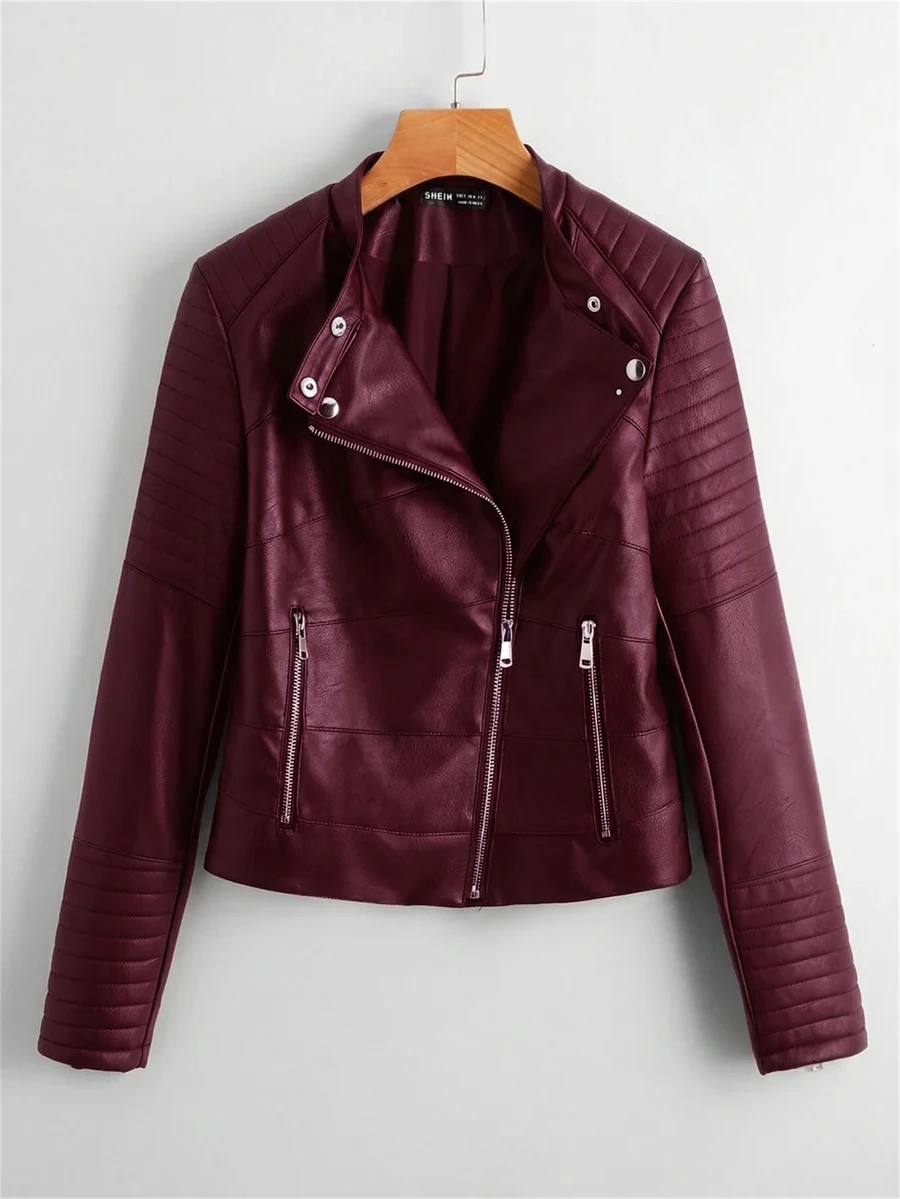 Comfortcana Jaket Motor Kulit PU Wanita Lengan Panjang Warna Burgundy dengan Resleting Depan - Burgundy - View 1