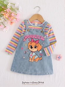 Baby Girl Colorful Striped Round Neck Long Sleeve Pullover Top & Floral Pattern Suspender Dress 2-Piece Set - Blue - View 3