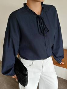 Dazy Plus Solid Color Casual Lantern Sleeve Small Stand Collar Loose Fit Fun Commute Spring Autumn New Long Sleeve Blouse - Navy Blue - View 6