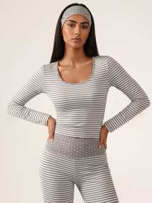 SHEIN BAE Women's Striped Long Sleeve T-Shirt And Pants Sports Set - Light Grey - View 1