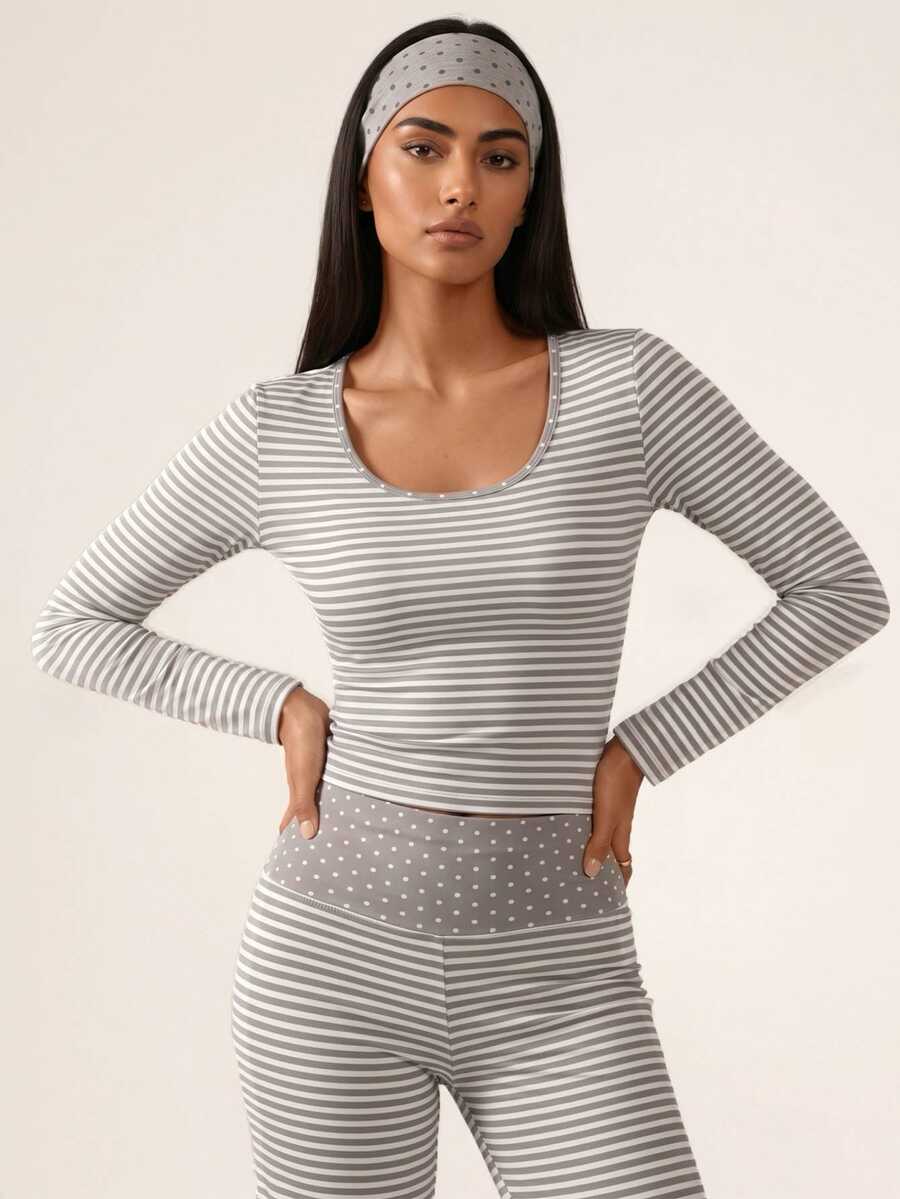 SHEIN BAE Women's Striped Long Sleeve T-Shirt And Pants Sports Set - Light Grey - View 1