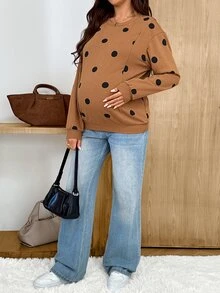 SHEIN بلوزة رياضية كاجوال للحوامل بطبعة نقاط بولكا للخريف للرضاعة - بني - مشاهدة 4