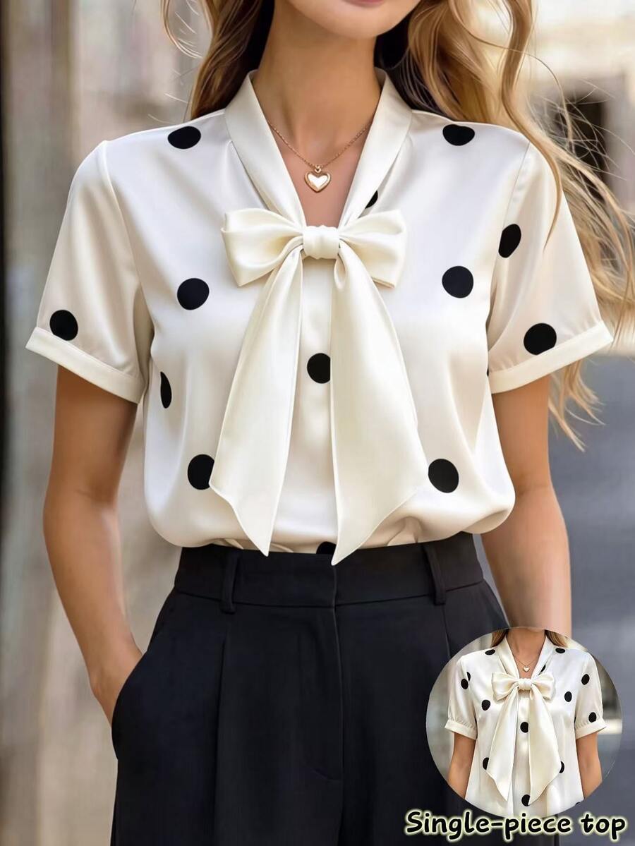 RosyDaze Plus Size Women's Polka Dot Print Tie Neck Short Sleeve Elegant Blouse - Apricot - View 1