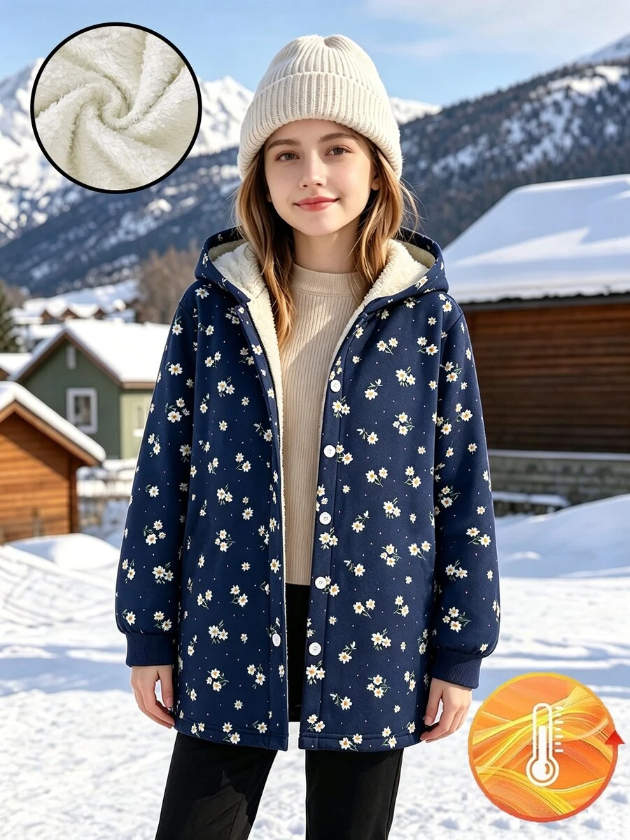 SHEIN Elladie kids 女童連帽厚抓絨復古碎花中長款秋冬外套